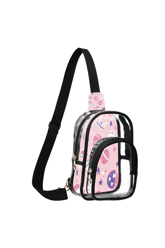 Unisex Transparent Crossbody Shoulder Bags Clear PVC Sling Backpack with Printed Back Pink Basketballs and Footballs