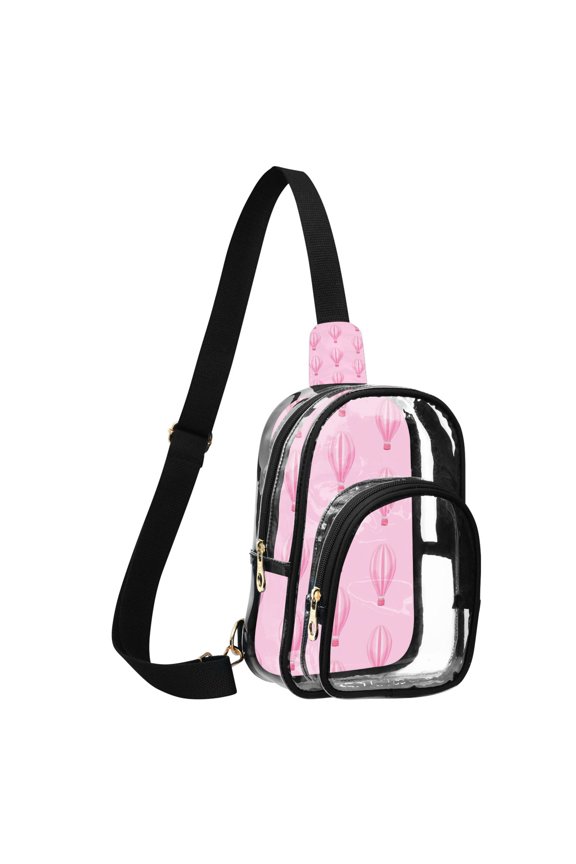 Unisex Transparent Crossbody Shoulder Bags Clear PVC Sling Backpack with Printed Back Pink Hot Air Balloon