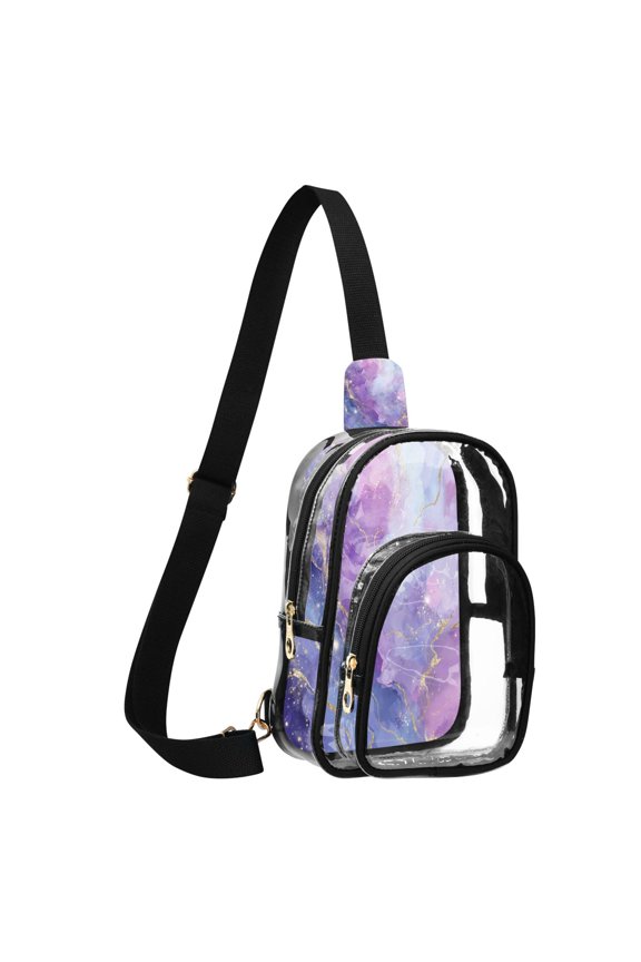 Unisex Transparent Crossbody Shoulder Bags Clear PVC Sling Backpack with Printed Back Pink and Blue Marble Texture