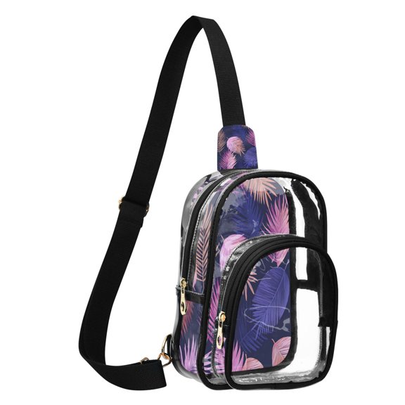 Unisex Transparent Crossbody Shoulder Bags Clear PVC Sling Backpack with Printed Back Pink and Purple Palm Leaves