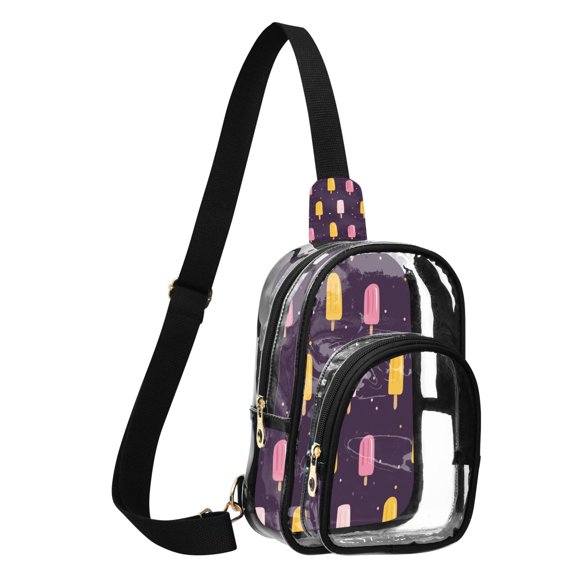 Unisex Transparent Crossbody Shoulder Bags Clear PVC Sling Backpack with Printed Back Pink and Yellow Popsicle Pattern