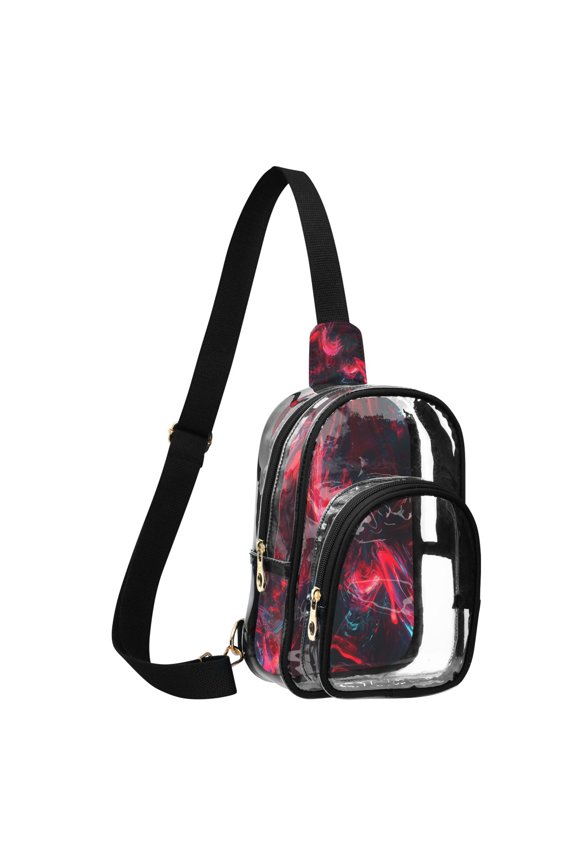 Unisex Transparent Crossbody Shoulder Bags Clear PVC Sling Backpack with Printed Back Red and Black Neon Lights Swirl