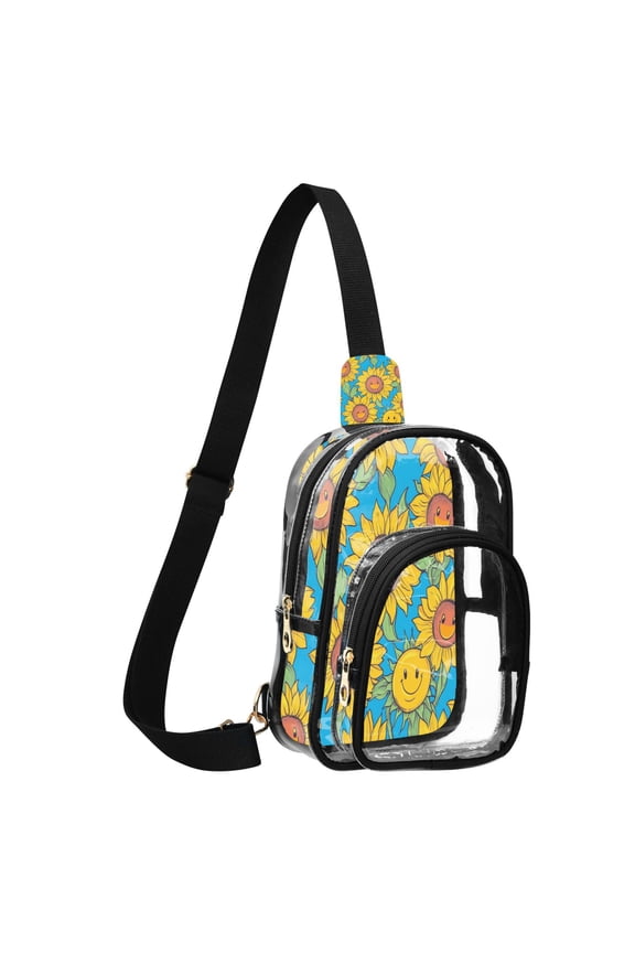 Unisex Transparent Crossbody Shoulder Bags Clear PVC Sling Backpack with Printed Back Yellow Sunflowers with Happy Faces