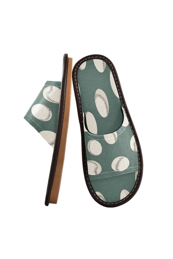 Unisex Travel Sandals House Slippers Includes Free Storage Bag for Hotel, Travel, Home Green Baseball Pattern