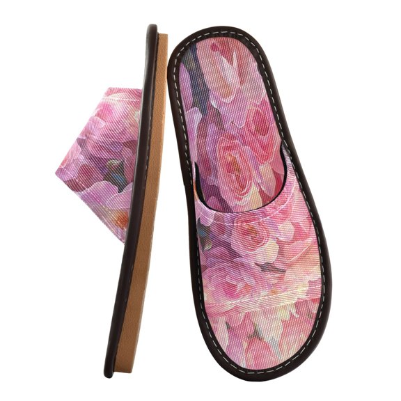 Unisex Travel Sandals House Slippers Includes Free Storage Bag for Hotel, Travel, Home Pastel Pink Roses