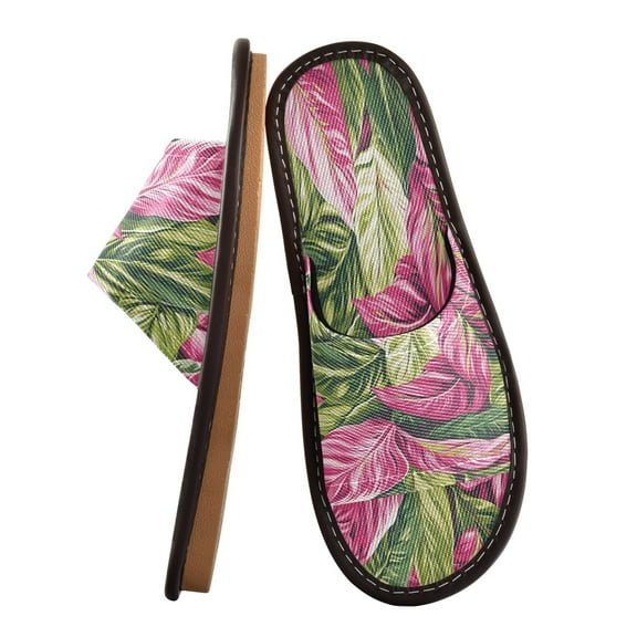 Unisex Travel Sandals House Slippers Includes Free Storage Bag for Hotel, Travel, Home Pink and Green Tropical Leaves