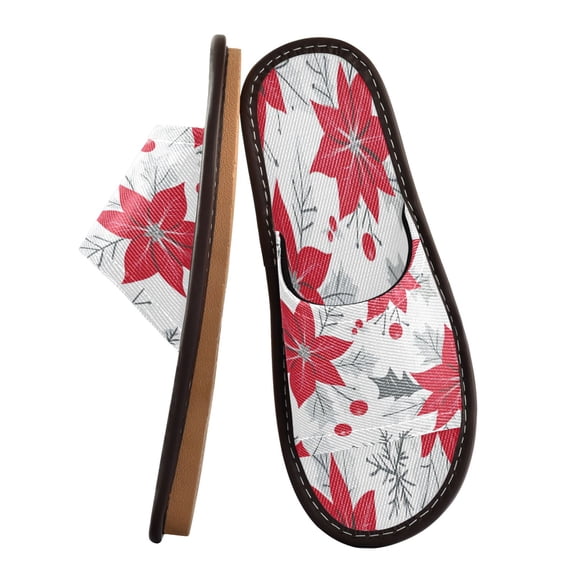 Unisex Travel Sandals House Slippers Includes Free Storage Bag for Hotel, Travel, Home Red Poinsettia Pattern