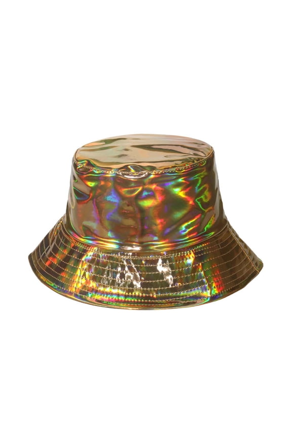 Unisex Trendy Bucket Hat Concert Festival Reversible Shiny Rave Bucket Hats Hiphop Metallic Travel Fisherman Cap Gold
