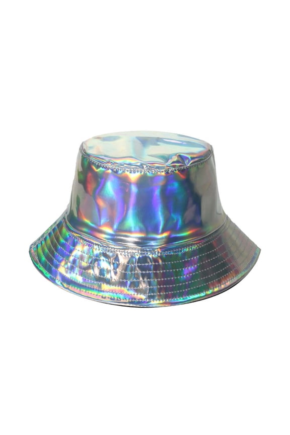 Unisex Trendy Bucket Hat Concert Festival Reversible Shiny Rave Bucket Hats Hiphop Metallic Travel Fisherman Cap Silver
