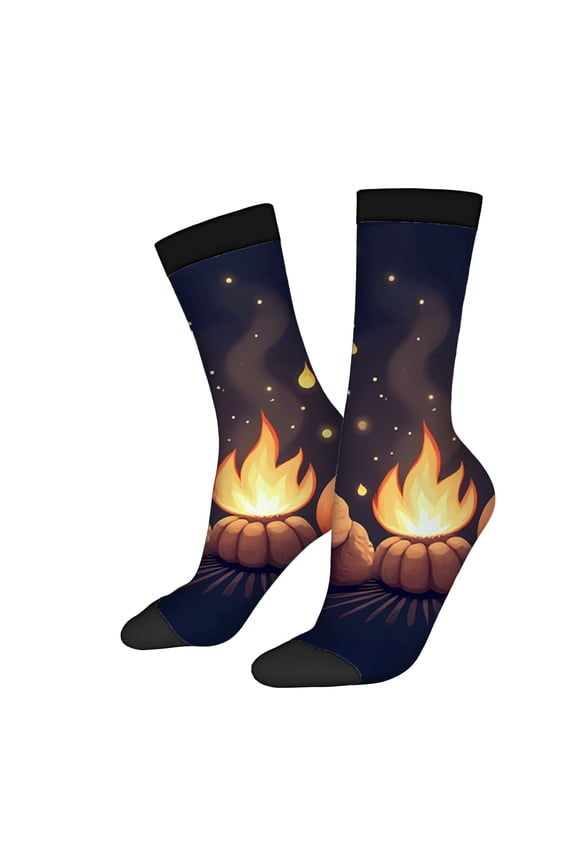 Unisex Trendy Campfire Socks - 2 Pairs of Dark Blue Socks with Vibrant Flames & Stars Design Perfect for All Seasons