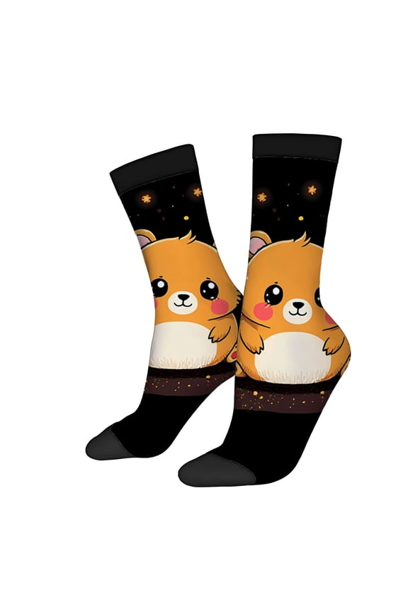 Unisex Trendy Cartoon Bear Socks - 2 Pairs Whimsical Black Socks with Fluffy Orange Bear Design Perfect for All Seasons