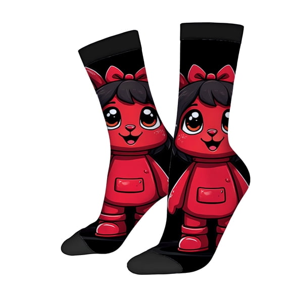 Unisex Trendy Cartoon Character Socks - 2 Pairs Black with Red Accents Fun Design with Expressive Eyes & Smiling Face Perfect for All Seasons