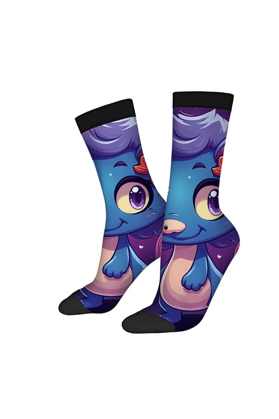 Unisex Trendy Cartoon Character Socks - 2 Pairs Colorful Blue & Purple Design with Smiling Face Perfect for All Seasons