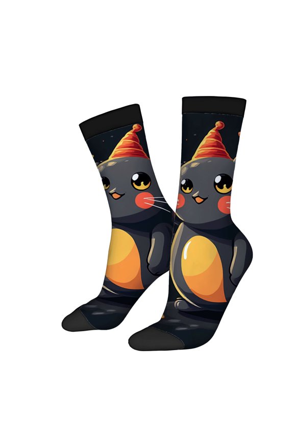 Unisex Trendy Cartoon Character Socks - 2 Pairs Gray Creature with Party Hat Playful Design on Black Base Perfect for All Seasons