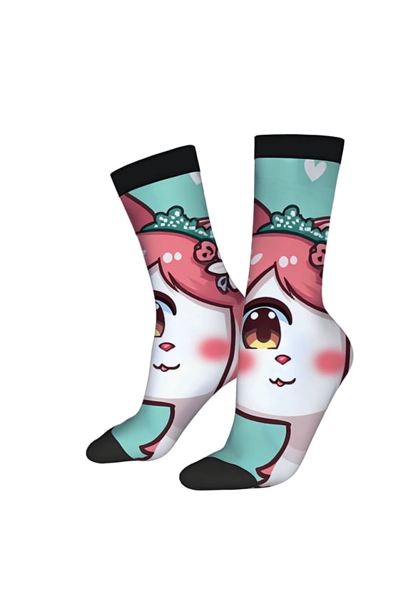 Unisex Trendy Cartoon Character Socks - 2 Pairs Turquoise with Pink Hair & Bow Cute Hearts & Flowers Perfect for All Seasons
