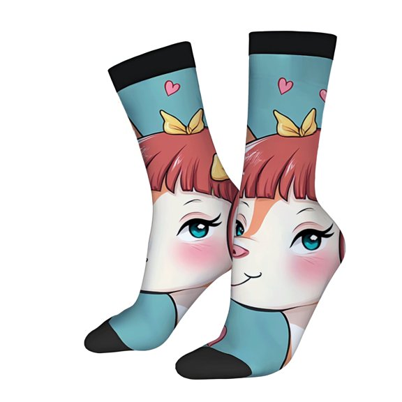 Unisex Trendy Cartoon Character Socks - 2 Pairs with Red - Haired Character Blue Background & Pink Hearts Perfect for All Seasons