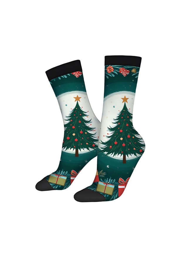 Unisex Trendy Christmas Socks (2 Pairs) - Festive Green Tree Ornaments Pine Branches & Presents - Perfect for All Seasons