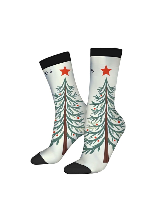 Unisex Trendy Christmas Tree Socks - 2 Pairs White with Green Tree & Red Ornaments Black Cuffs Perfect for All Seasons