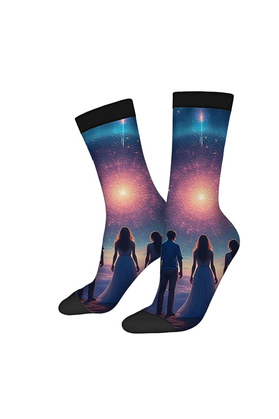Unisex Trendy Cosmic Socks (2 Pairs) - Vibrant Starry Sky Design with Silhouetted Figures Perfect for All Seasons