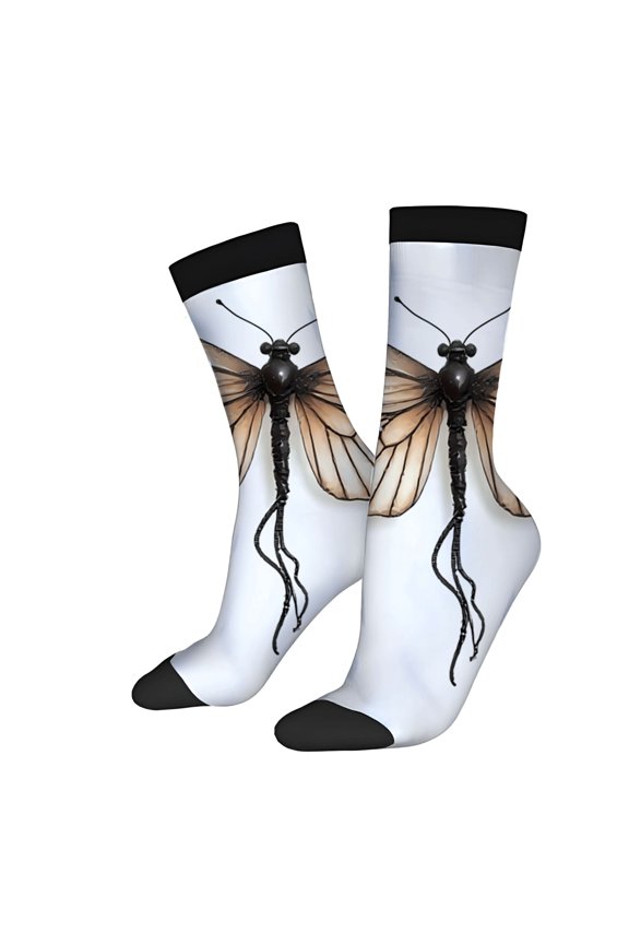 Unisex Trendy Dragonfly Socks - 2 Pairs Detailed Wings & Slender Body Design Mixed Colors Perfect for All Seasons