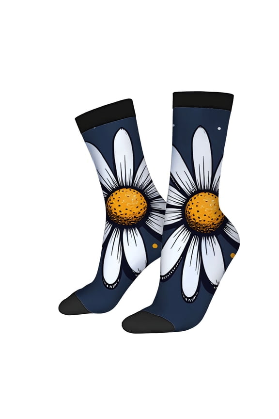 Unisex Trendy Floral Socks - 2 Pairs Dark Blue with White Pattern Yellow Center Black Toe Caps & Cuffs Perfect for All Seasons