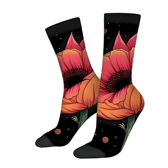 Unisex Trendy Floral Socks (2 Pairs) - Vibrant Black with Colorful Pink & Orange Flowers Perfect for All Seasons