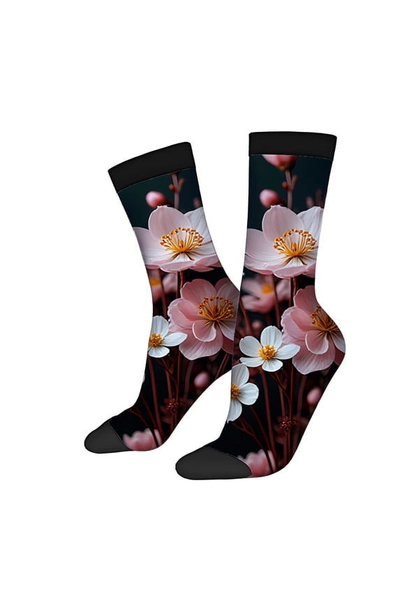 Unisex Trendy Floral Socks - 2 Pairs of Black Cherry Blossom Design Stylish Mixed Color Socks for All Seasons