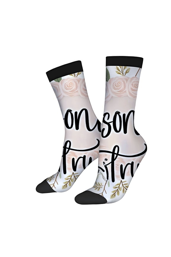 Unisex Trendy Floral Socks - 2 Pairs with Light Pink Roses on White Elegant Cursive ' Honest ' Black Cuffs & Soles Perfect for All Seasons