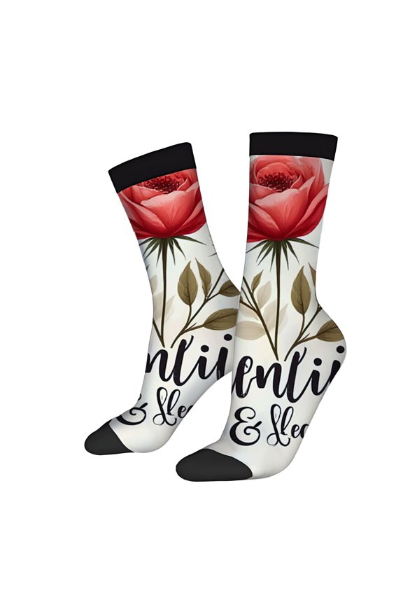 Unisex Trendy Floral Socks - 2 Pairs with Red Flower Design Green Leaves ' Confidence ' Script Black Toe Caps & Cuffs All - Season Wear