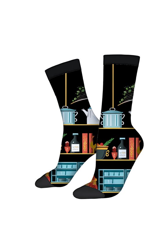 Unisex Trendy Kitchen-Themed Socks (2 Pairs) - Colorful Blue Pot White Plant Design on Black Background Perfect for All Seasons