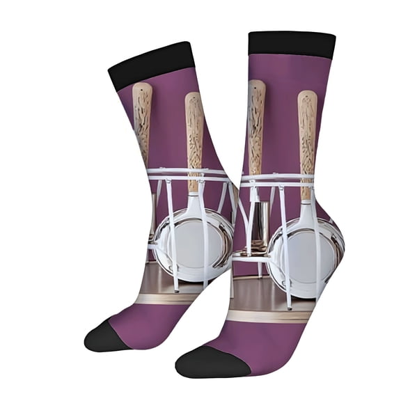Unisex Trendy Kitchen Utensil Socks - 2 Pairs Purple Background with Wooden & Metallic Designs Perfect for All Seasons