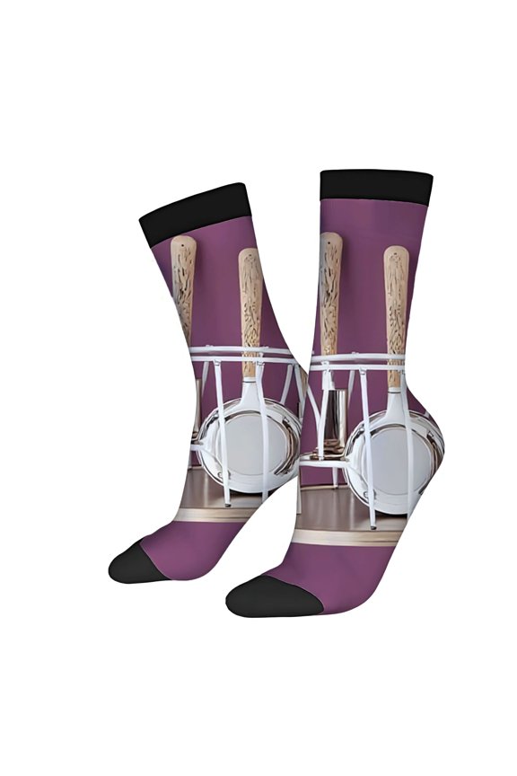 Unisex Trendy Kitchen Utensil Socks - 2 Pairs Purple Background with Wooden & Metallic Designs Perfect for All Seasons