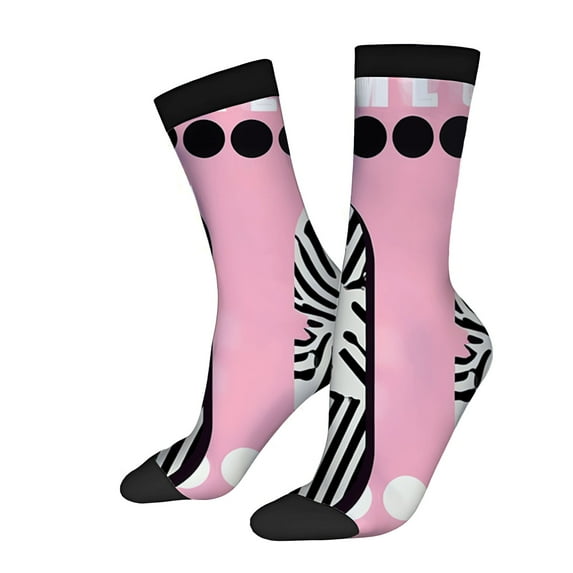 Unisex Trendy Socks (2 Pairs) - Abstract Black & White Patterns on Pink Background Bold Stripes & Circular Shapes All - Season Wear