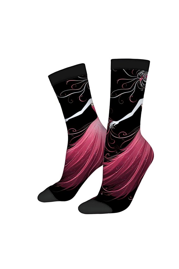 Unisex Trendy Socks (2 Pairs) - Artistic Flowing Hair Design on Black Background Perfect for All Seasons Mixed Colors