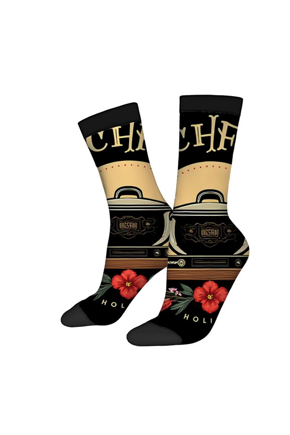 Unisex Trendy Socks (2 Pairs) - Black Background with Decorative Pot Design ' UNSTAN 1920 ' Red Flowers & ' HOLLY ' - Perfect for All Seasons