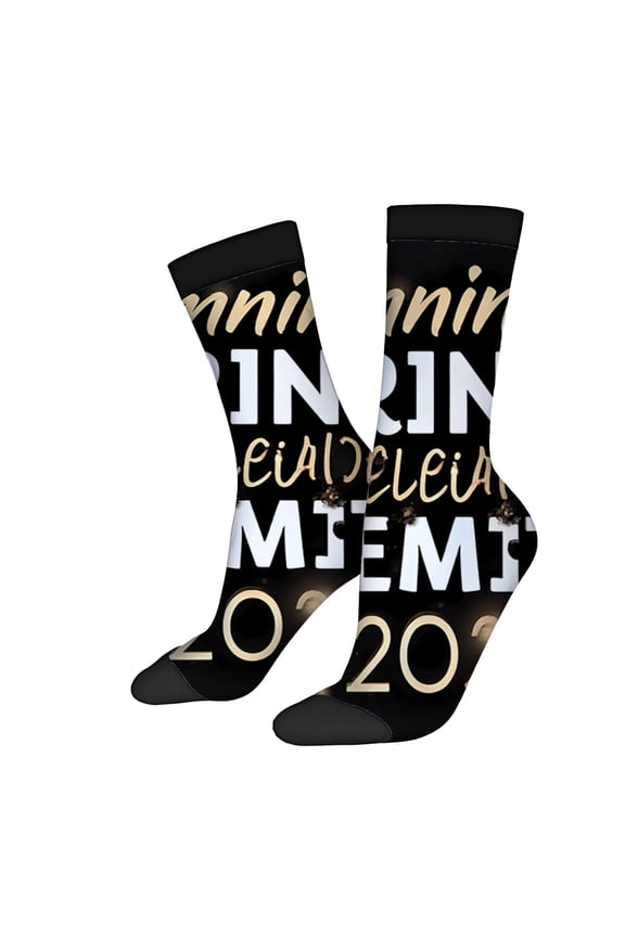 Unisex Trendy Socks - 2 Pairs Black Background with Gold & White Text ' Winning ' & ' Bienvenidos ' Design Perfect for All Seasons