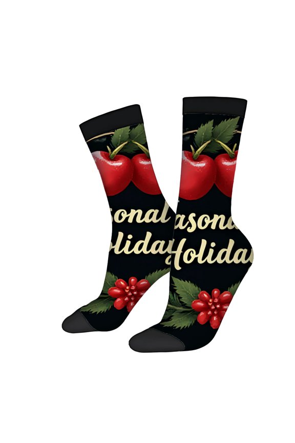 Unisex Trendy Socks (2 Pairs) - Black Background with Red Apples & Green Leaves ' National HidaHoliday ' Cursive Design Perfect for All Seasons