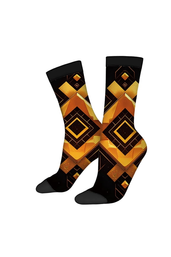 Unisex Trendy Socks (2 Pairs) - Black with Gold & Orange Geometric Patterns Diamond Shapes Perfect for All Seasons