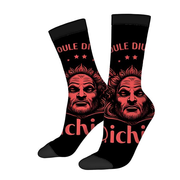 Unisex Trendy Socks (2 Pairs) - Black with Red & Pink Stylized Face Beard & Sun Pattern ' DUULE DIU ' Text & Stars Perfect for All Seasons