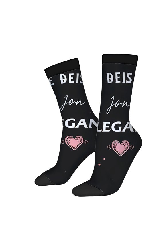 Unisex Trendy Socks - 2 Pairs Black with White & Pink Text " BEIS JON LEGAN " Hearts & Stars Design Perfect for All Seasons