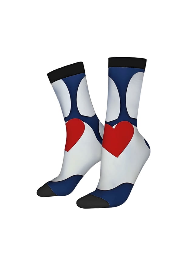 Unisex Trendy Socks - 2 Pairs Bold Blue & White with Large Red Hearts Black Cuffs Dark Blue Soles Perfect for All Seasons