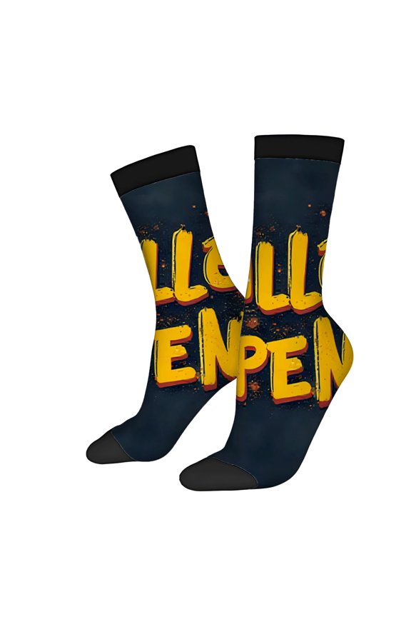 Unisex Trendy Socks (2 Pairs) - Bold Dark Blue with 3D ' Hello ' & ' Enpen ' Text Vibrant Yellow & Orange Perfect for All Seasons