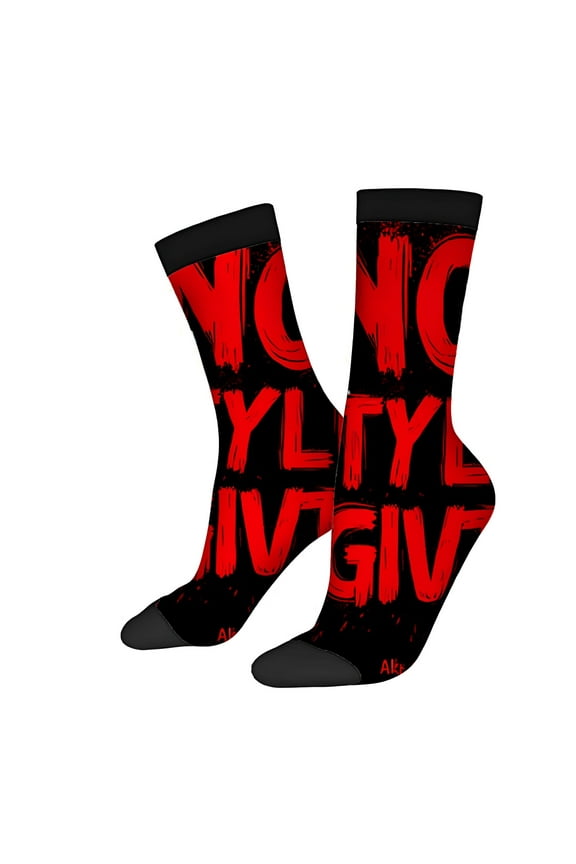 Unisex Trendy Socks (2 Pairs) - Bold Red ' NO GIV ' Design Edgy Black Accents Perfect for All Seasons Stylish Mixed Color Socks