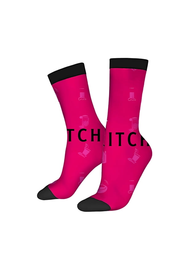 Unisex Trendy Socks (2 Pairs) - Bright Pink with Black Toe Caps Fun Light Pink Illustrations & ' CHITC ' Print Perfect for All Seasons