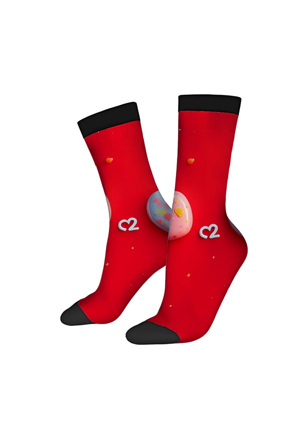 Unisex Trendy Socks - 2 Pairs Bright Red with Colorful Hearts & Stars Black Toe Caps Fun Design for All Seasons