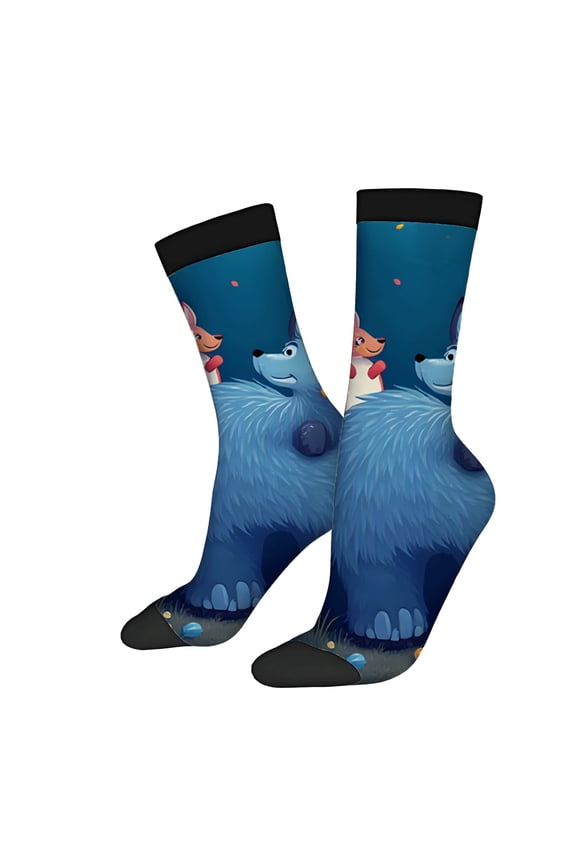 Unisex Trendy Socks (2 Pairs) - Cartoon Bear Design with Colorful Accents Perfect for All Seasons Comfortable Black Cuffs & Soles