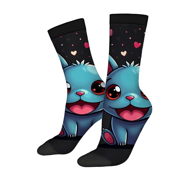 Unisex Trendy Socks (2 Pairs) - Cartoon Blue Creature Design with Hearts Black Background Perfect for All Seasons