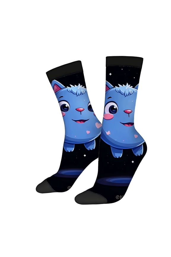 Unisex Trendy Socks (2 Pairs) - Cartoon Blue Creature Design with Hearts Galaxy Pattern Black Toe Caps Perfect for All Seasons