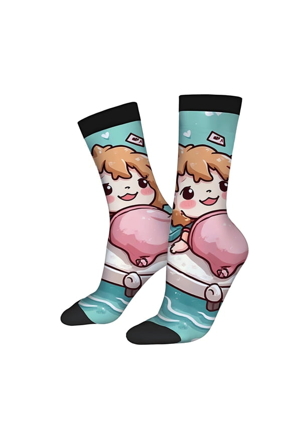 Unisex Trendy Socks (2 Pairs) - Cartoon Character Design with Brown Hair Smiling Turquoise Waves & Hearts All - Season Wear