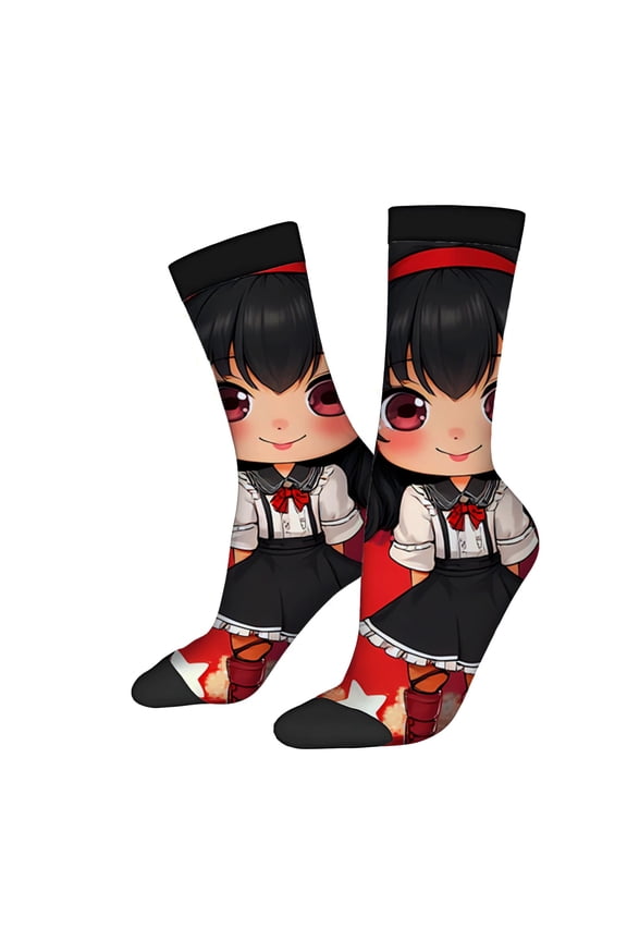 Unisex Trendy Socks (2 Pairs) - Cartoon Character Design with Cheerful Expression Red Bow Cape & Star Patterns Perfect for All Seasons